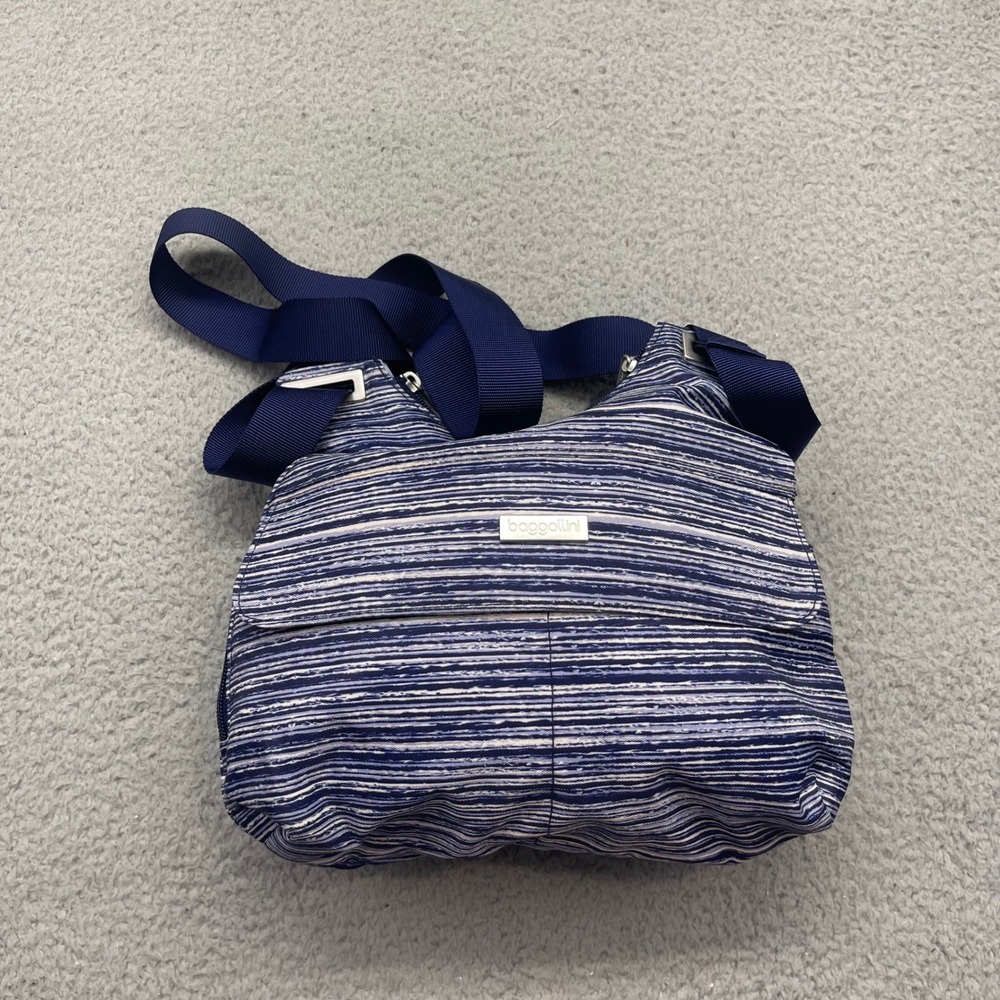 Baggallini Blue Striped Crossbody Bag Adjustable Strap Polyester Handbag Purse